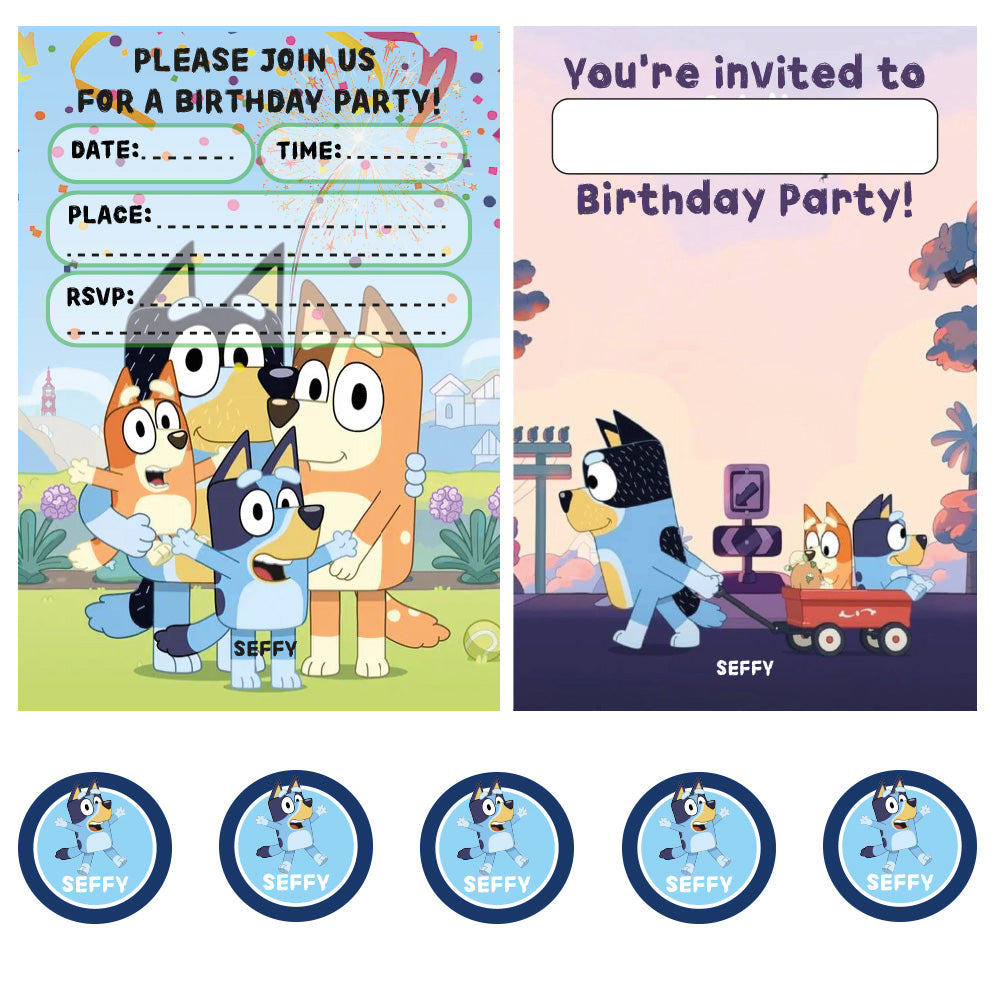 WORKINTON 20 Blue Birthday Invitations with Envelopes and Stickers, Birthday Party Invitations for Boys and Girls (Pack of 20)