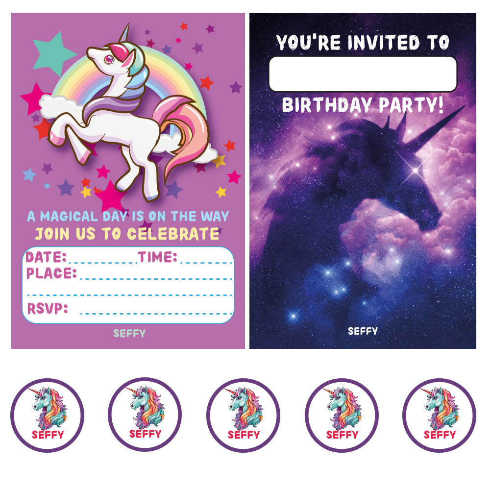 Unicorn Theme Birthday Invitations with Envelopes and Stickers, Birthday Party Invitations for Kids (Pack of 15)